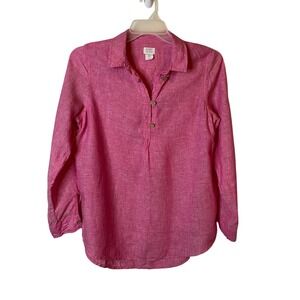 Sigrid Olsen Womens 100% Linen Roll Tab Sleeves Pink Tunic Blouse Medium